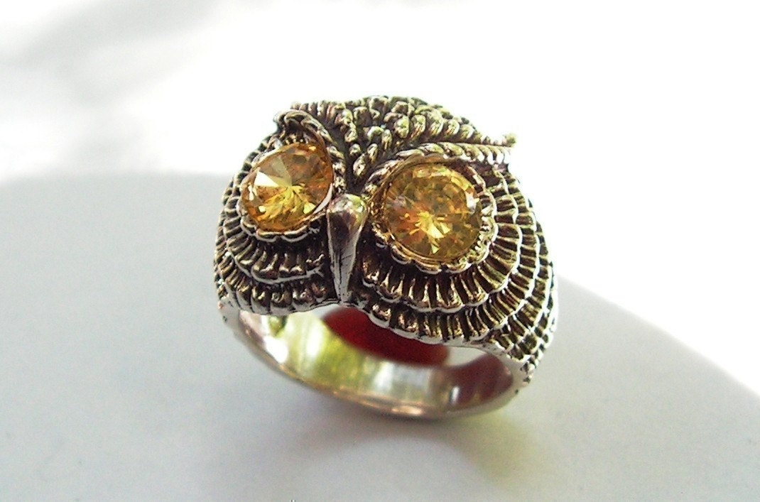 Owl Ring With Citrine Eyes in Sterling Silver
