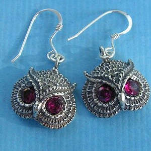 Owl Earrings With Ruby Eyes In Sterling Silver image 2