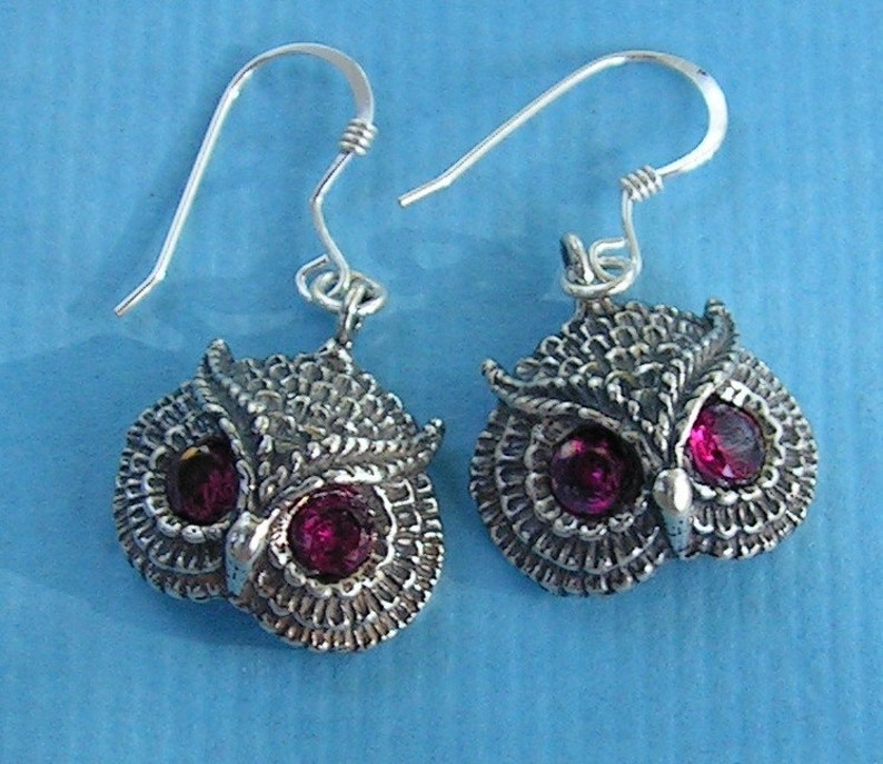 Owl Earrings With Ruby Eyes In Sterling Silver image 2