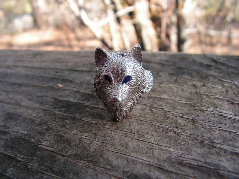 Wolf Ring With Blue Eyes In Sterling Silver image 2