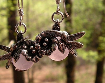 Hummingbird Earrings With Rose Quartz In Sterling Silver