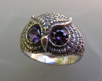 Owl Ring With Amethyst Eyes And Sterling Silver