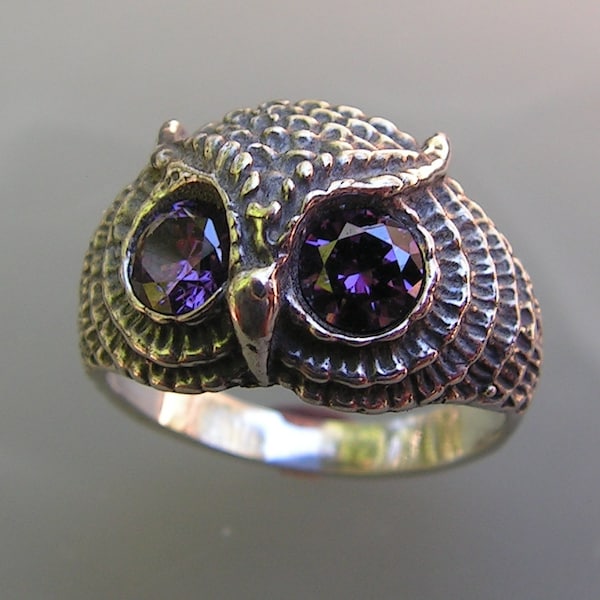 Owl Ring With Amethyst Eyes And Sterling Silver