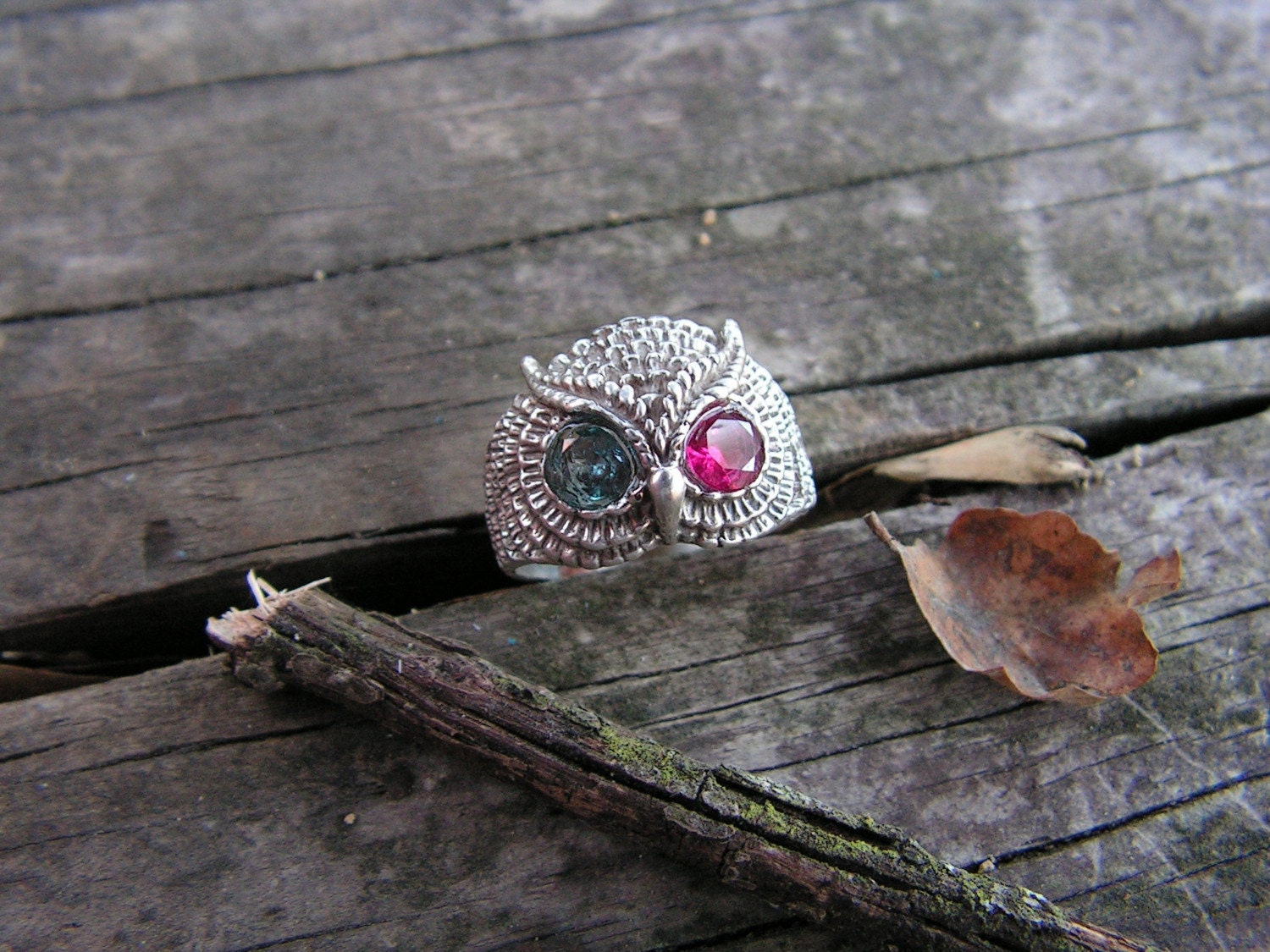 Owl Ring With Aquamarine And Ruby Eyes In Sterling Silver