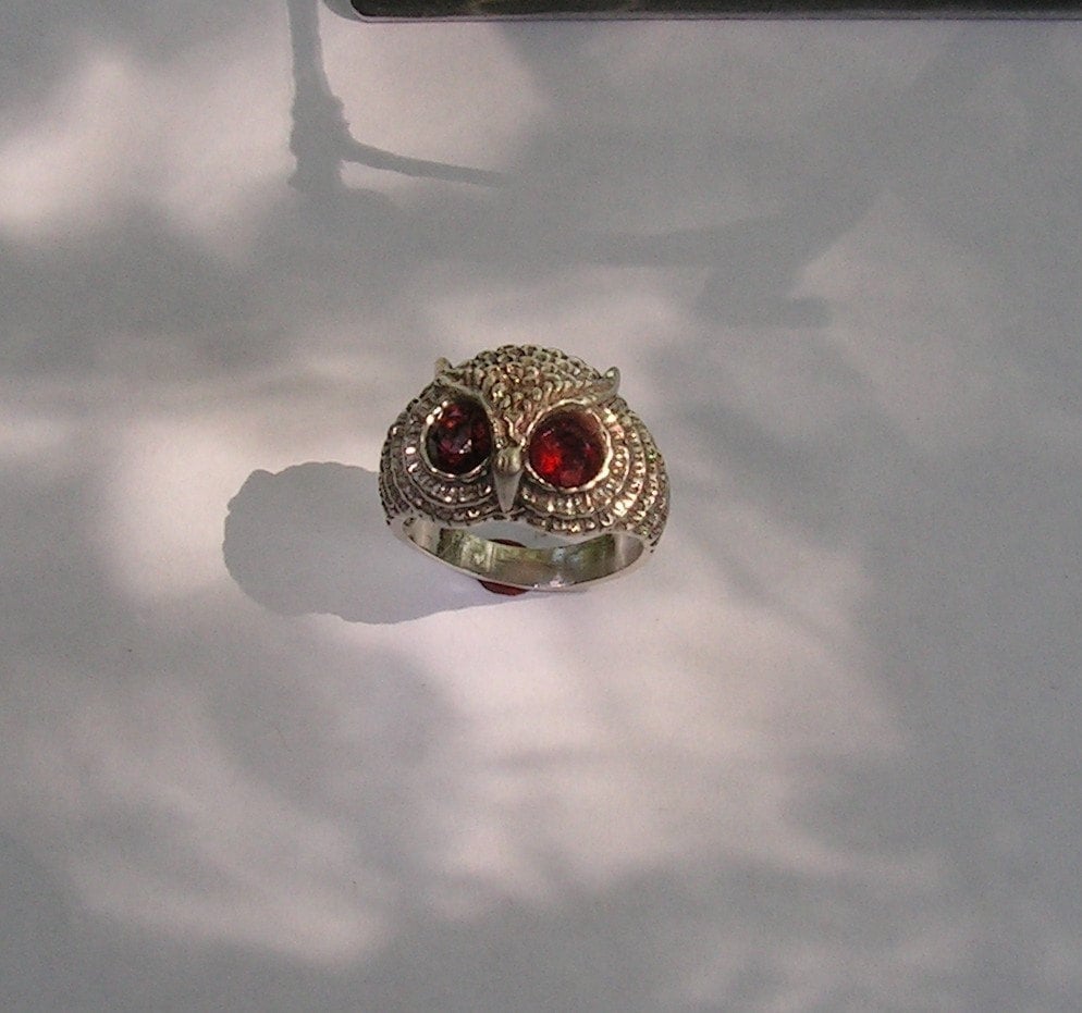 Owl Ring With Fire Citrine Eyes in Sterling Silver