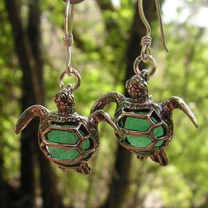 Pu&ograve; includere: Un paio di orecchini a forma di tartaruga in argento con accenti in vetro verde. Le tartarughe sono dettagliate con un design a guscio e hanno un gancio pendente.