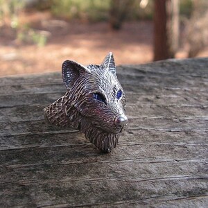 Wolf Ring With Blue Eyes In Sterling Silver image 3