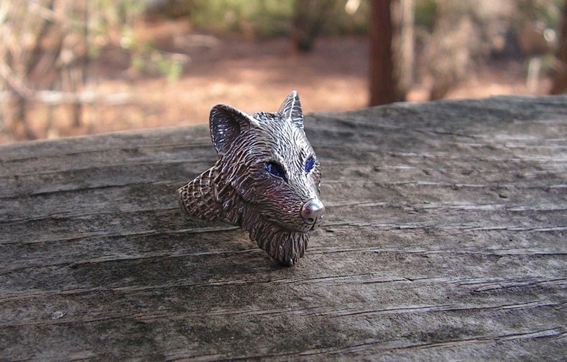 Wolf Ring With Blue Eyes In Sterling Silver image 3