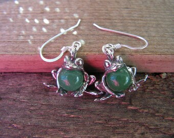 Bull Frog Earrings With Aventurine and Sterling Silver