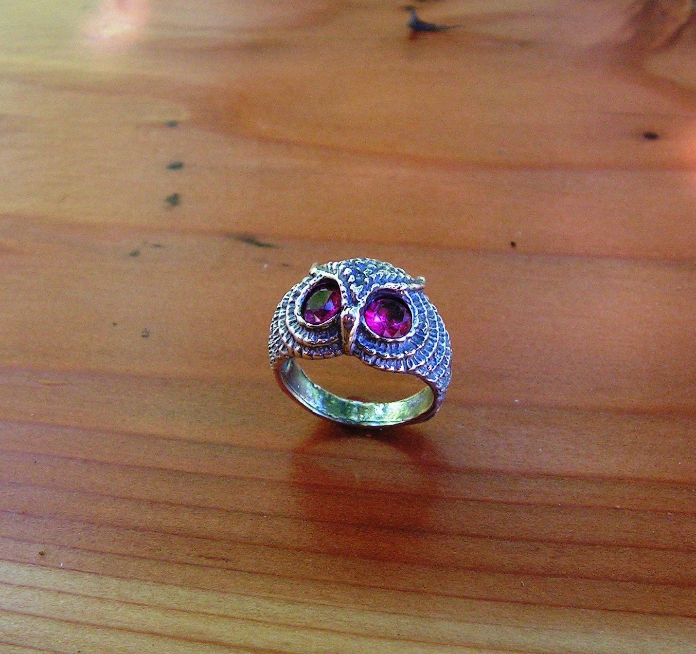 Owl Ring With Ruby Eyes In Sterling Silver