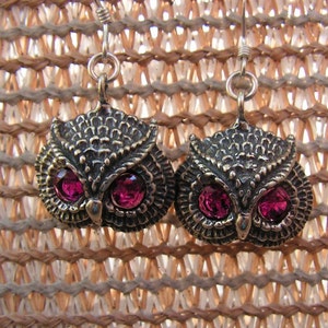 Owl Earrings With Ruby Eyes In Sterling Silver image 1