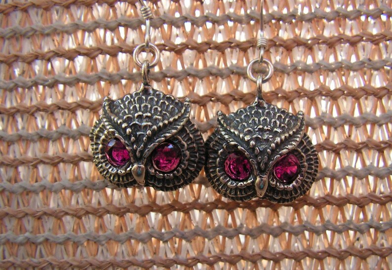 Owl Earrings With Ruby Eyes In Sterling Silver image 1