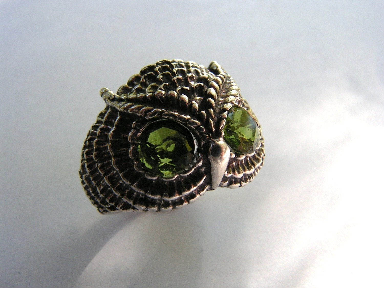 Owl Ring With Peridot Eyes In Sterling Silver