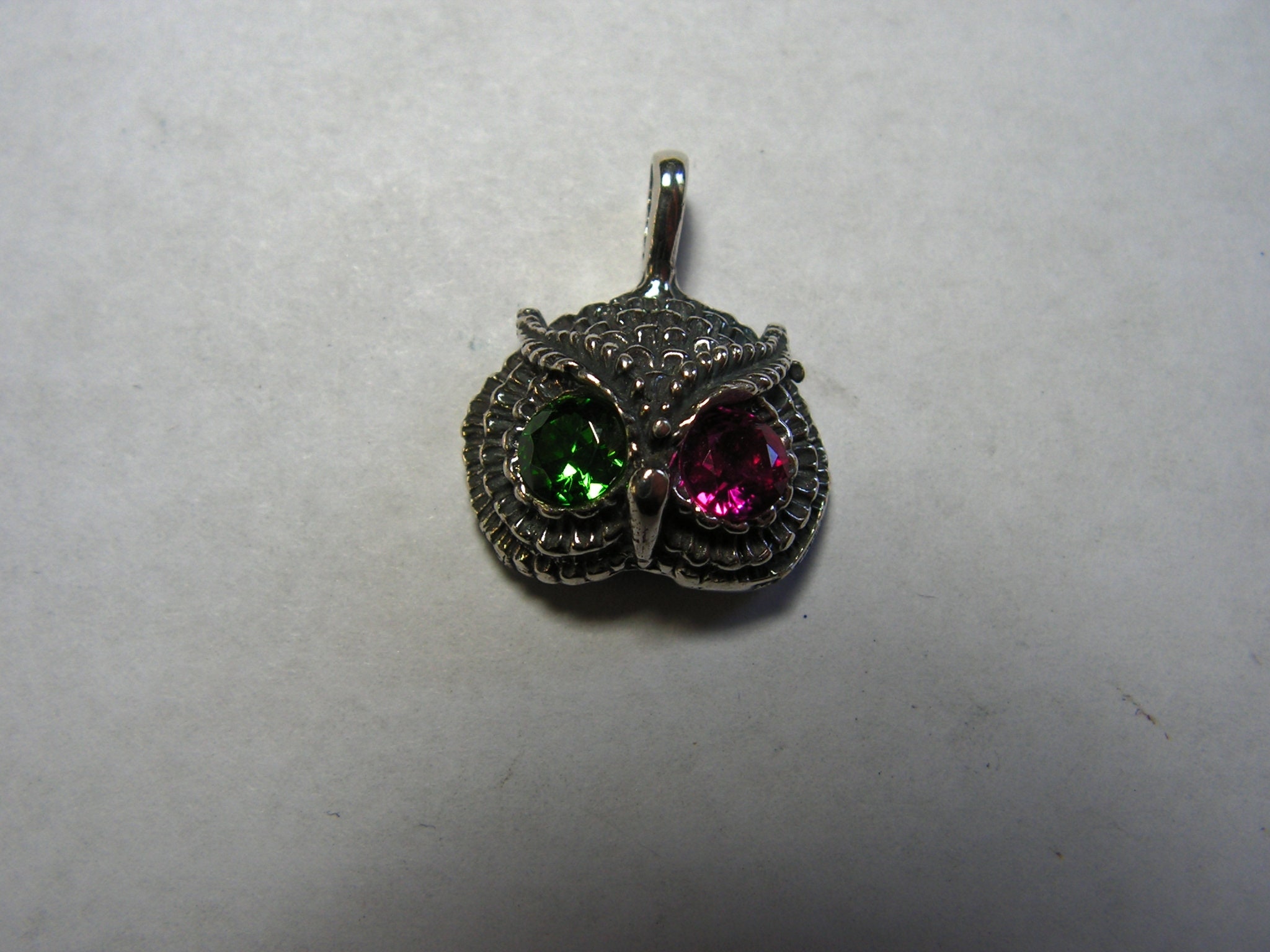 Owl Pendant With Ruby and Emerald in Sterling Silver