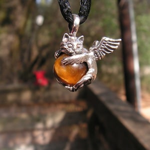 Sterling Silver Angel Kitty Pendant With Tiger Eye