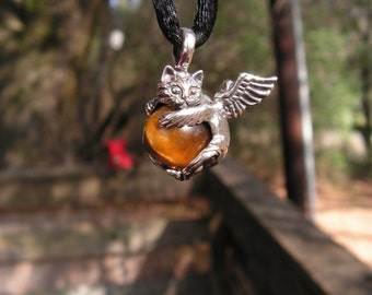 Sterling Silver Angel Kitty Pendant With Tiger Eye