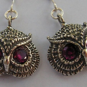 Owl Earrings With Ruby Eyes In Sterling Silver image 3