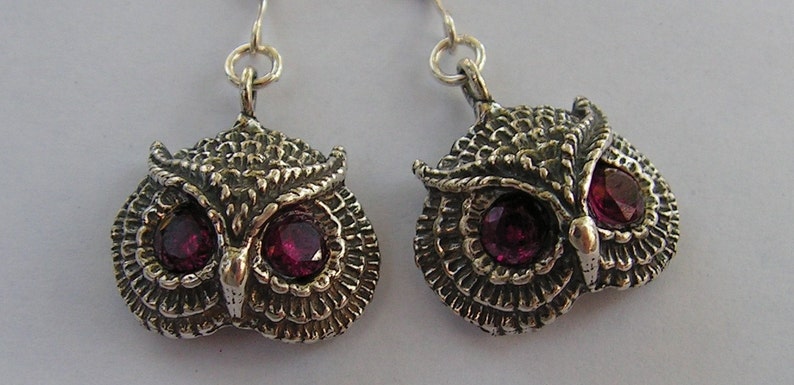 Owl Earrings With Ruby Eyes In Sterling Silver image 3