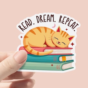 Read, Dream, Repeat Sticker, Book Stickers for Kindle, Cat Sticker, Kitten and books sticker, Book lover Sticker, Bookworm Gifts