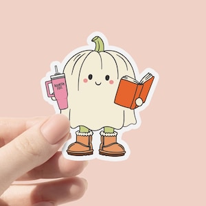 Pegatina de vinilo con forma de calabaza y fantasma de libros, bonita y moderna pegatina de Halloween para amantes de los libros, pegatina de libros, pegatina de otoño espeluznante, regalo para amantes de los libros