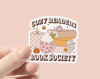 Cosy Readers Book Society vinylsticker, boekstickers, schattige herfstflesstickers, laptopsticker, waterdichte sticker, Kindle e-boeklezers