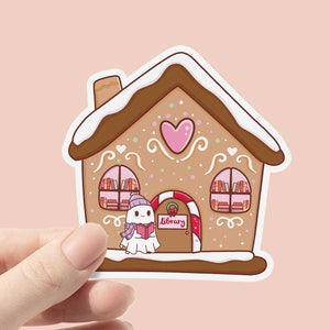 Pegatina de biblioteca con casa de jengibre, pegatina de invierno navideño, pegatina de vacaciones acogedora para funda Kindle, pegatina moderna para amantes de los libros, regalo para amantes de los libros