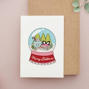 Cartolina di Buon Natale, regalo per gli amanti dei libri, biglietto a tema festivo per amanti dei libri, biglietto di Buon Natale retrò, biglietto globo di neve,