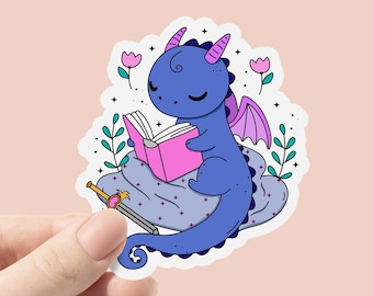 Cute Dragon Reading Book Vinyl sticker, Fantasy Reader Sticker, Book Stickers for Kindle, Book lover Sticker, Fantasy Readers, Bookworm gift