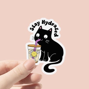 Vinylsticker blijven gehydrateerd, sticker waterfles ontwerp, drink je water, zelfzorgsticker, Kindle-laptopsticker, sticker schattige kat