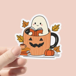 Bookish Ghost Pumpkin Mug Sticker, Cute Halloween Sticker, Spooky Reading, Bookish Halloween Sticker, Spooky Sticker, Kindle Stickers