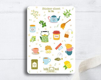 Folha de adesivos para a hora do chá | Conjunto de adesivos de vinil fosco A6 para bule de chá | Folha de adesivos para planejador de xícaras de chá | Adesivos para diário de marcadores Tea Lover