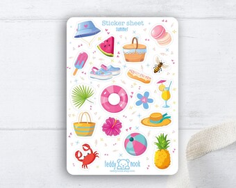 Feuille d'autocollants été | Ensemble d'autocollants saisonniers en vinyle mat A6 | Feuille d'autocollants pour agenda de vacances d'été | Stickers Bullet Journal