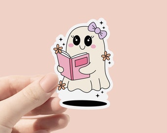 Bookish Ghost-sticker, schattig meisje Ghost Reading Kindle, Bookish Girlie-sticker, Kindle Girlie-sticker, Spooky-sticker, cadeau boekenliefhebber