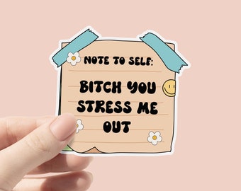 Note To Self: Bitch You Stress Me Out Vinyl Sticker, Mental Health Awareness Sticker, Cute Bottle Sticker, Laptop Sticker Sticky Note Design