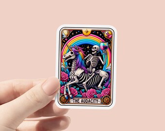 Pegatina de vinilo "Audacity", divertidas pegatinas de cartas del tarot, pegatinas para botellas de vino, pegatinas para portátil, pegatinas impermeables, pegatinas sarcásticas