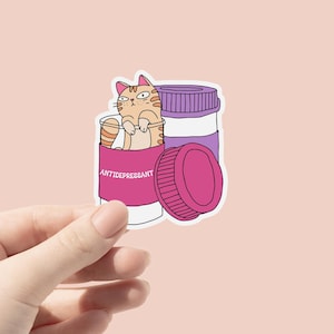 Stickers antidépresseurs en vinyle, Stickers anxiété liés à la santé mentale, Stickers bouteille chaton mignon chat, Sticker ordinateur portable, Sticker imperméable à l'eau