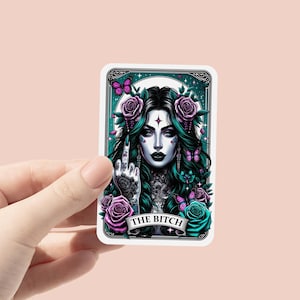Adesivo de vinil de carta de tarô de cadela, adesivo sarcástico engraçado, adesivo de mulher durona, decalque de esqueleto engraçado para garrafas de água, laptops