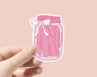 Pegatina de vinilo de coqueta de pepinillos rosados, pegatinas de pepinillos enlatados de moda, pegatinas de botellas lindas y femeninas, pegatina de lazos rosas, amantes de los pepinillos adictos