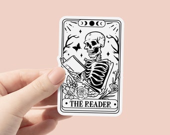 The Reader Tarot Card Sticker, Book Stickers for Kindle, Skeleton Sticker, Book lover Sticker, Spooky Sticker, reader gift, Bookworm Gifts