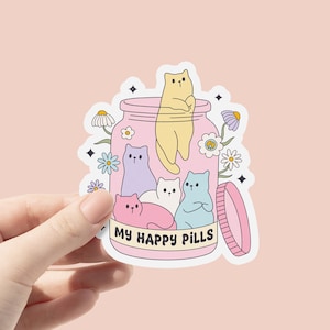 My Happy Pills-vinylsticker, stickers geestelijke gezondheid angst, stickers schattige kattenfles, laptopsticker, waterdichte sticker