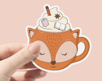 Leesgrage vos vinylsticker, trendy schattige esthetische herfstmokken sticker, spookachtige lezing, leesgrage Halloween spookachtige sticker, sticker Spice Latte