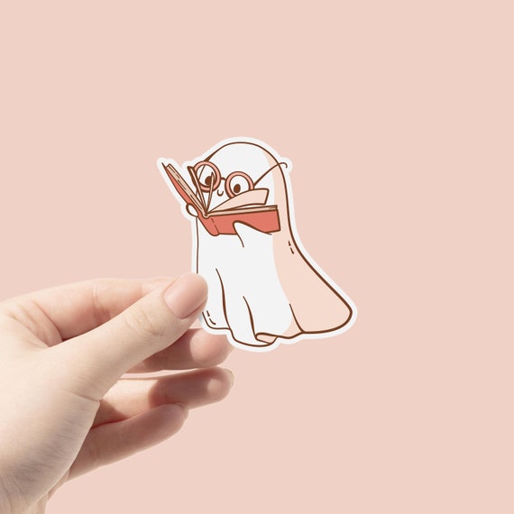 Bookish Ghost Vinyl Sticker, Cute Ghost reading Book, Bookish Spooky Sticker, Kindle Sticker, Spooky Sticker, Book lover gift
