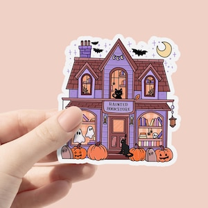 Haunted Bookstore Sticker, Trendy Cute Aesthetic Fall Sticker, Spooky Reading, Halloween Ghost Kindle Spooky Sticker, Black Cat Sticker