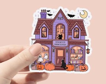 Pegatina de librería embrujada, pegatina otoñal moderna y bonita, lectura espeluznante, pegatina espeluznante de fantasma de Halloween para Kindle, pegatina de gato negro