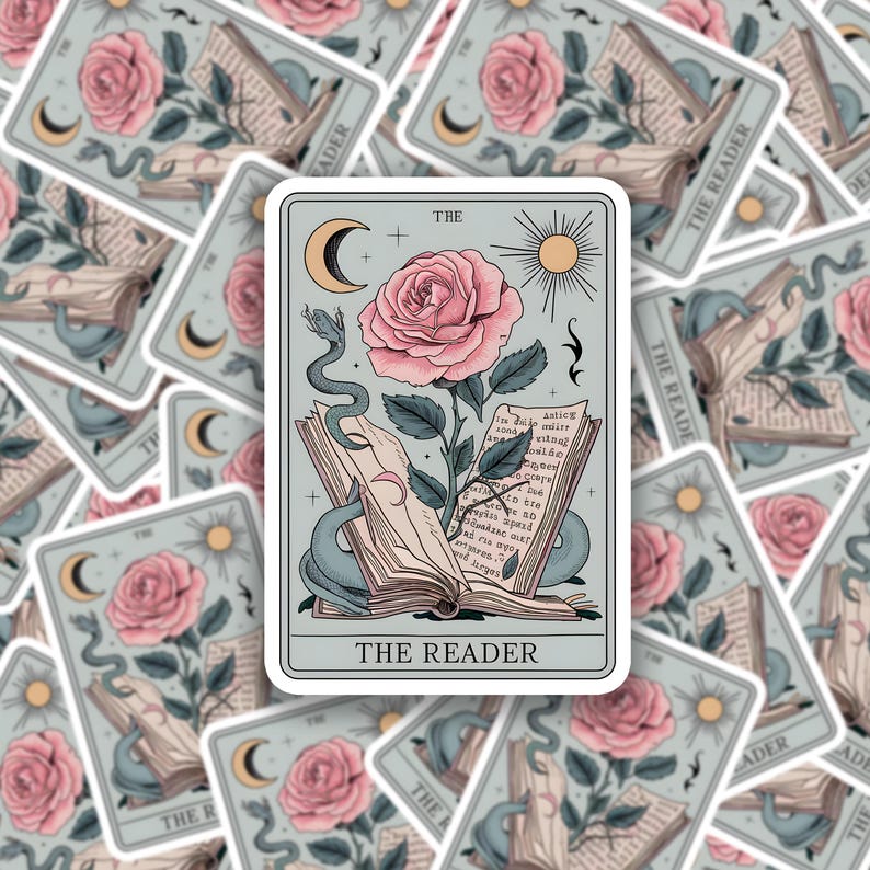 May include: A tarot card illustration featuring a rose with a snake wrapped around an open book. The card is titled "The Reader" and has a crescent moon, sun, and text in the background.