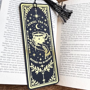 Marcador de livros Suriel Tea Co. com detalhes em folha de ouro, livros de fantasia, marcadores holográficos metálicos pretos, presente para amantes de livros, presente para ávidos leitores, marcador de livros ACOTAR