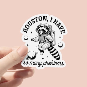 Pegatina de vinilo "Houston, tengo tantos problemas", divertida pegatina de meme de mapache en el espacio, pegatina sarcástica, linda pegatina para adultos, coches, portátil