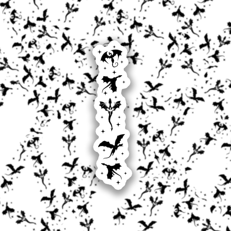 May include: A white sticker featuring a series of black dragon silhouettes in various poses. The sticker has a white border and is surrounded by a pattern of smaller black dragon silhouettes on a white background. The dragons are detailed with wings and other features.
