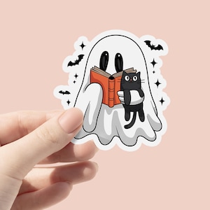 Bookish Ghost Reading Book Vinyl Sticker, Black Cat Sticker, Bookish Spooky Sticker, Kindle Sticker, Spooky Sticker, Book lover gift