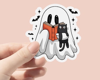 Bookish Ghost Reading Book Vinyl Sticker, Black Cat Sticker, Bookish Spooky Sticker, Kindle Sticker, Spooky Sticker, Book lover gift